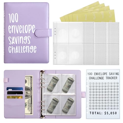 100 Envelopes Money Saving Challenge Binder, Budget Binder Savings Challenges Book with Cash Envelopes, A5 Budget Planner Book to Save $5,050